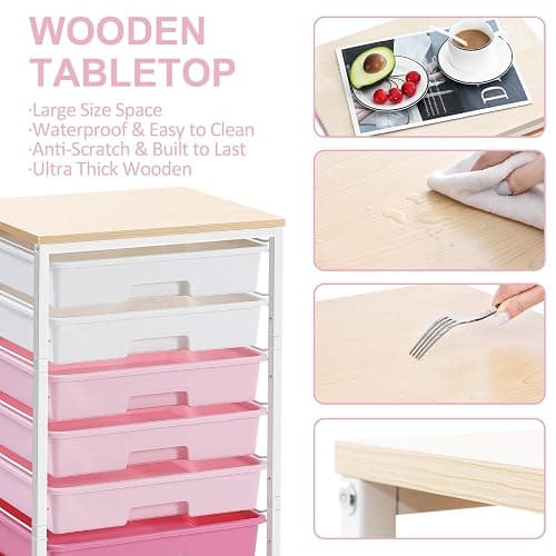 Rolling Cart with Drawers,Storage Cart with 8 Drawers and Wooden Tabletop,Utility Cart for Living Room,Classroom, Bedroom,Bathroom,Dorm,Office,Rose Pink thumbnail 4