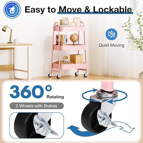 OLIXIS 3 Tier Utility Rolling Cart, Metal Mobile Storage Shelf with Lockable Caster Wheels, Organization for Livingroom, Bathroom & Narrow Places, Pink thumbnail 5