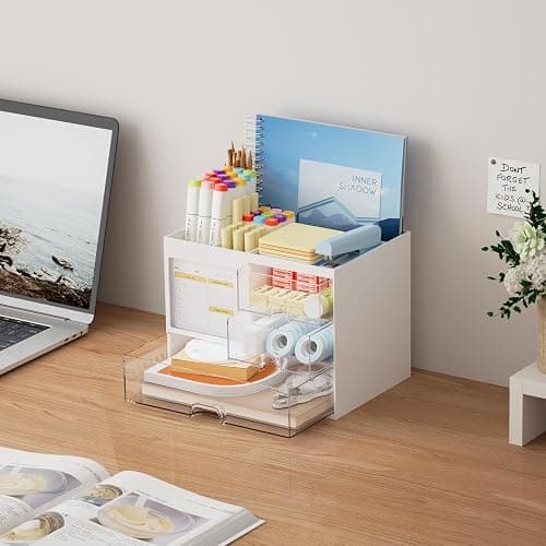 Marbrasse Desk Organizer with 3 Drawer, Multi-Functional Pencil Pen Holder for Desk, Desk Organizers and Accessories with 4 Compartments, Desktop Organizer Storage for Office Home Art Supplies (White) thumbnail 2