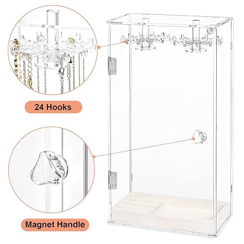 Necklace Holder, Acrylic Jewelry Organizer with 24 Hooks, Rotation Clear Necklaces Pendant Display Case Stand, Dust-proof Velvet Tray Hanging Rack Storage for Earrings Rings thumbnail 4