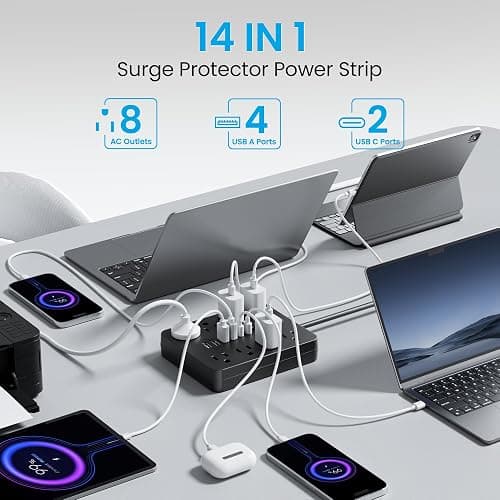 Bawmwim Surge Protector Power Strip, 8 Outlets(1250W/10A), 6 USB Charging Ports(2 USB C), 6FT Flat Plug Extension Cord Outlet Extender with Overload Protection, ETL Certified for Office, Dorm Room thumbnail 2