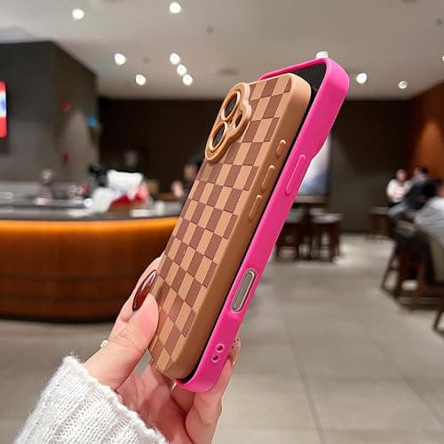 YUMUPIFE Compatible with iPhone 15 Pro Case Cute Checkered Pattern Design for Girls Women, Soft Silicone Shockproof Protective Designed for iPhone 15 Pro Case-Hot Pink thumbnail 6