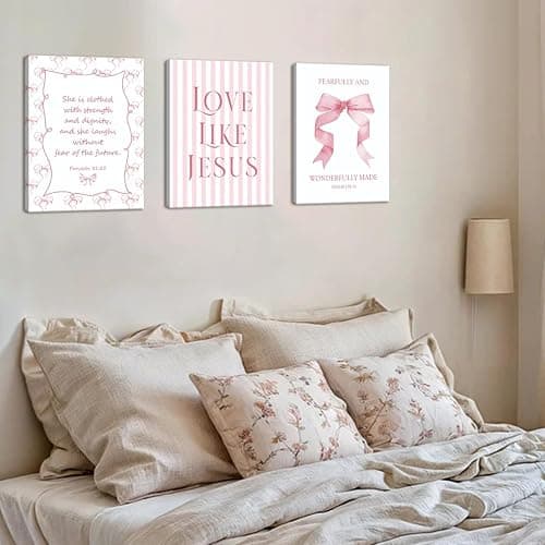 Coquette Pink Bow Wall Art Set of 3, Light Pink Christian Wall Decor Pictures, Jesus Verses Bible Canvas Posters Paintings Preppy Prints for Teen Girls Dorm 12 Year Old Girl Room 12x16 Inch Framed thumbnail 7