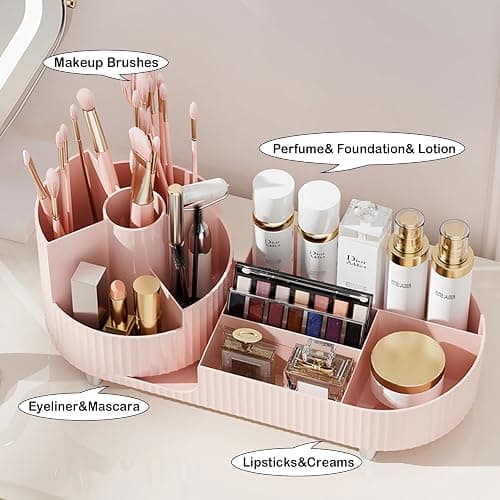 Pink Rotating Vanity Organizer with Brush Holder - Large Spinning Cosmetic Storage, Countertop Makeup & Skincare Organizer, Perfume & Lotions Display Case thumbnail 4