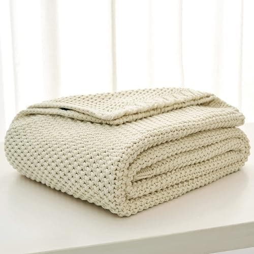 Chunky Cable Knit Throw Blanket Lightweight Cream 100% Organic Cotton Blanket for Sofa Couch Bed Baby Nursery, Rustic Shabby Chic Modern Farmhouse, 51” x 63” Give Laundering Bag thumbnail 3