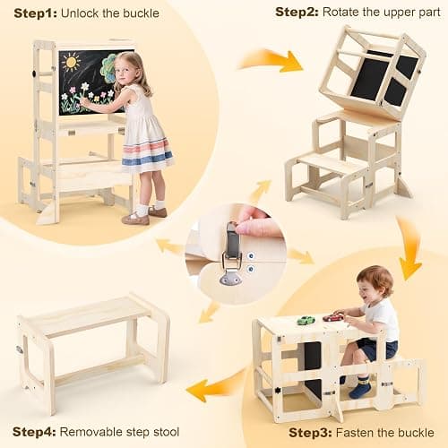 Toddler Kitchen Step Stool, 4-in-1 Foldable Standing Tower with Blackboard, Toddler Step Stool for Bathroom Sink, Kitchen Counter, Ages 18 Months+, 1-3 Year Old Boy Girl Gifts thumbnail 6