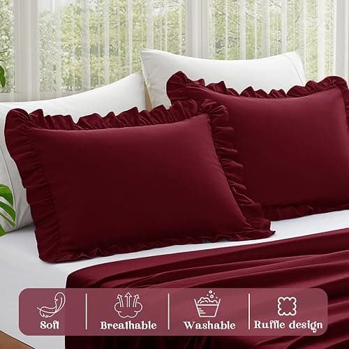 KKJIAF Ruffle Pillow Cases Standard Size Set of 2, Ruffled Pillow Covers with Envelope Closure, Wrinkle Resistant Ruffled Pillow Shams 20" x 26", Burgundy thumbnail 4