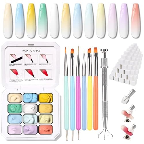 Karroy Sponge Pat Gel Nail Polish Palette, 12 Colors Blending Ombre Gel Polish Gradient Painting Nails Art, No Wipe, UV/LED Cured, 100Sponges 6Brushes 1Grabber (Set 01) - Image 1