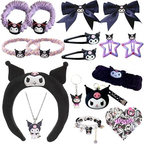 WINBBY 117Pcs Kawaii Cute Stuff Gifts Set Include Headband,Pouch, Hair Band, Hair Ties & Clips, Hairpin, Stickers, Necklace,Bracelet, Keychain(Black) - Image 1
