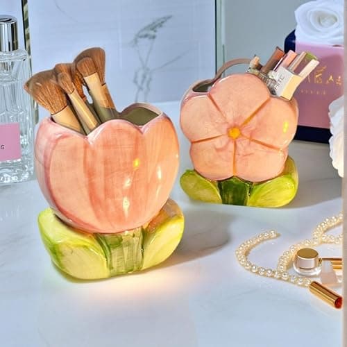 lyvantha Pink Pencil Holder,Ceramic Tulip Pen Holder, Multi-Purpose Makeup Brush, Aesthetic Office Vanity Kitchen Desktop Decor,Perfect Birthday Christmas Gift for Women Girls thumbnail 7