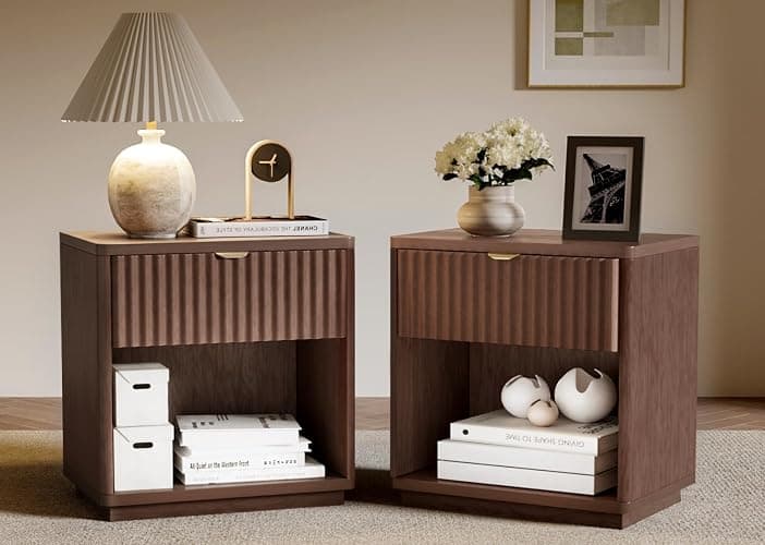 SnuHome Nightstands Set of 2, Nightstand with Drawers Bedside Table End Table, Modern Fluted Nightstand Bed Side Table for Bedroom Living Room Home Office (Brown) - Image 1