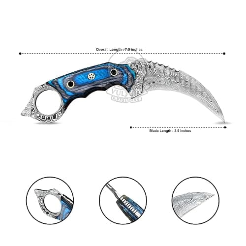 VULTURE CRAFTS CLUB, Damascus steel Handmade Knife, Survival claw Tactical teeth Knife Double edged sharp, Fixed Blade Knife With Sheath, Curved knife thumbnail 4