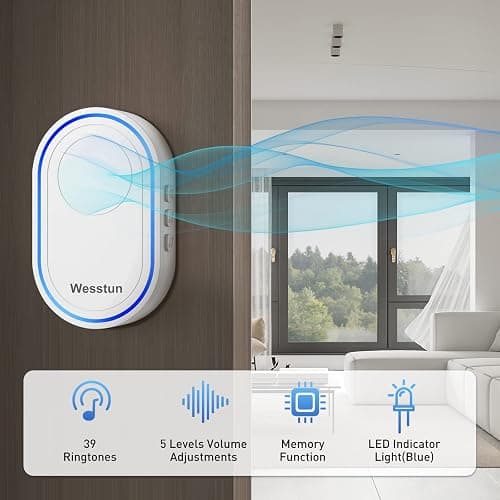 Wesstun Wireless Doorbell, Waterproof IP67 Operating at 150 Meters with 39 Tones, 5 Levels Volume Adjustment and LED Indicator, Easy Installation in Home, Classroom and Hotel, White thumbnail 4