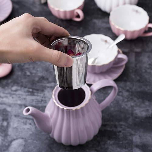 Jusalpha Porcelain Tea Set- 8 OZ Coffee/Teacup, Saucer, Cup Holder, Purple | 17-Pieces, Serve of 4- included Teapot, Creamer set, Spoons and Cup holder Stnad (FD-TW17PC SET, Purple) thumbnail 4