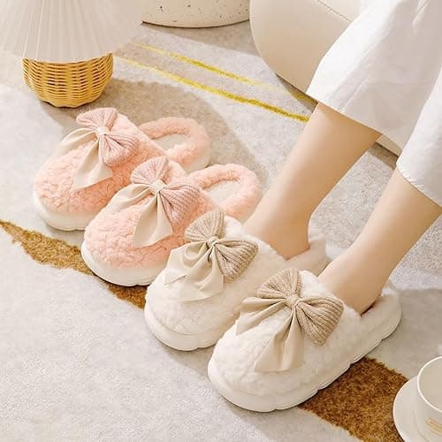 HANDKEI Women's Slippers Warm Plush Bow Indoor Anti slip Home Thick Sole Winter Slippers thumbnail 5