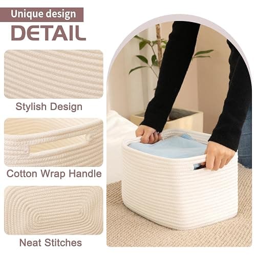 OIAHOMY 4 Pack Storage Baskets for Organizing, Cube Storage Bins for Shelves, Rectangle Storage Baskets With Handles, Woven Baskets for Storage, 12.7''Lx9''Wx7.8''H, White thumbnail 4