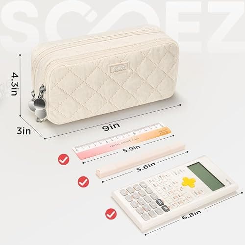 Sooez Large Pencil Case Pouch,Extra Big Pencil Bag with 8 Compartments,Pen Bag Wide Opening,Soft Quilted Pencil Pouch Organizer with Zipper,Portable Pencil Case for Teen Girls,Beige thumbnail 6