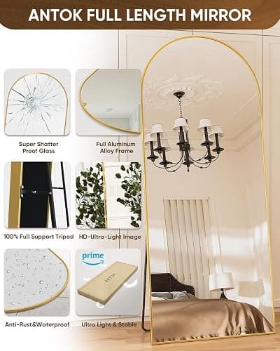 Antok Full Length Mirror, 59"x18" Floor Mirror, Arched Floor Standing Freestanding Arch Full Body Mirrors with Stand for Bedroom, Hanging Mounted for Living Room Cloakroom,Gold thumbnail 5