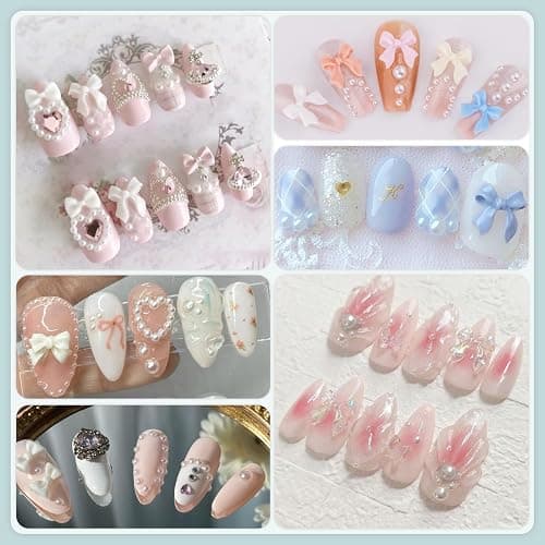 600 Pcs Bow Nail Charms and Flatback Pearls Set 2, 11 Colors Shiny Cute Bow Charms Nail Jewels and 2-4mm White Nail Pearls for Nail Art DIY Decoration with Pickup Tools thumbnail 6