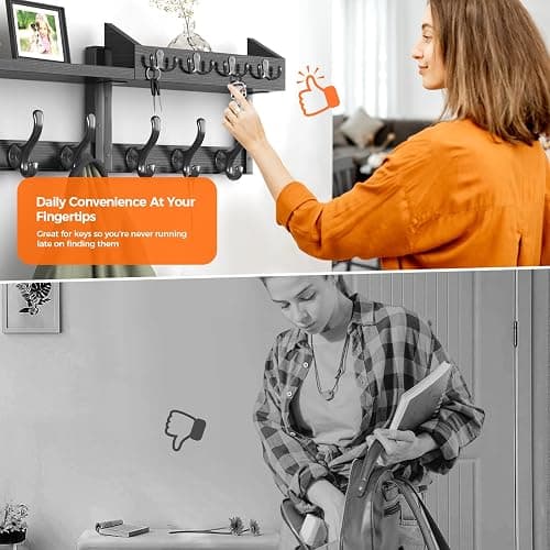 Evermagin 29" Coat Rack Wall Mount with Shelf, 4 in 1 Coat and Key Hanger with 11 Metal Hooks, Entryway Wall Mounted Shelf with Mail Holder for Living Room, Bedroom, Black thumbnail 7