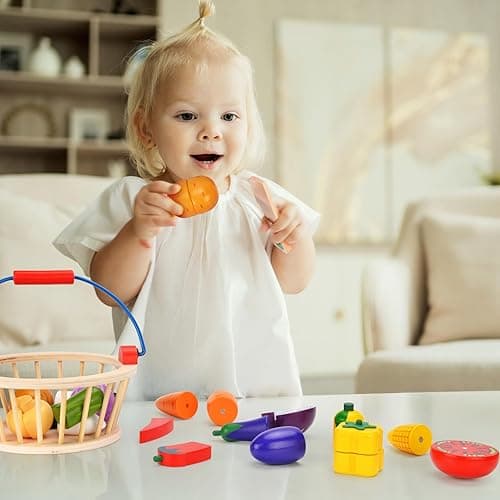Victostar Magnetic Wooden Cutting Fruits Vegetables Food Play Toy Set with Basket for Kids thumbnail 2