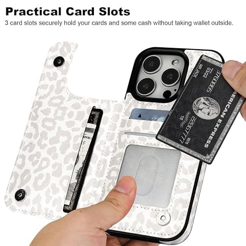 HAOPINSH Wallet Case with Card Holder for iPhone 16 Pro,White Leopard | Back Flip Folio Kickstand ,PU Leather Card Slots Case Wallet for Women Men Girls, Double Magnetic Clasp Shockproof Cover 6.3" thumbnail 3