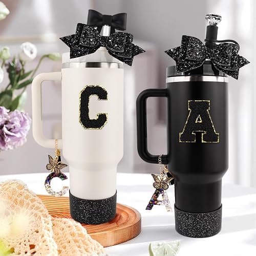 Lingdeer Black Cup Accessories Set for Stanley 30OZ & 40OZ Tumbler with Handle, Letter Charms, Bow & Diamond Straw Covers, Glitter Silicone Boot, Personalized Sticker for Stanley Cup Accessories (E) thumbnail 7