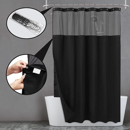 N&Y HOME Waffle Weave Shower Curtain with Snap-in Fabric Liner & 12 Black Hooks Set - Hotel Style, Water-Repellent & Washable, Mesh Top Window - 71x72, Black - Black - 71"W x 72"L (Pack of 1) thumbnail 7