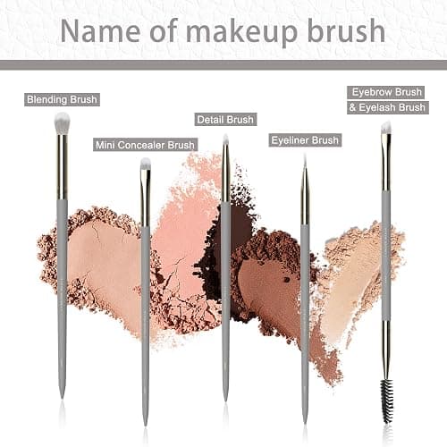 Small Makeup Brush Set 5pcs, Eye Makeup Brushes for Eyeshadow, Eyeliner & Eyebrow – Tiny Makeup Brush with Blending, Concealer, Detail & Dual-Ended Brow Spoolie, Wooden Handle, Eye Brush Kit (Grey) thumbnail 2