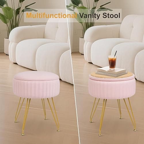 xupersodys Round Vanity Stool with Storage Ottoman, Vanity Chair for Makeup Room with Removable Cover, Small Footrest Ottoman for Home, Living Room, Bedroom (Pink) thumbnail 4