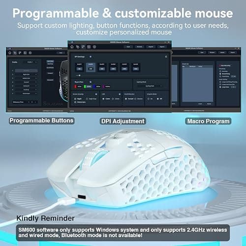 SOLAKAKA SM600 White Wireless Gaming Mouse,Tri-Modes BT5.1/Type-C Wired/2.4G Wireless Mouse with 2 Side Buttons, Programmable Macro Gamer Mouse with RGB Light for Laptop/PC/Mac thumbnail 6