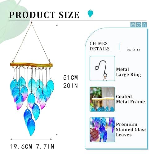 Wind Chimes for Outside,Stained Glass Leaves Wind Chimes Indoor Outdoor Hanging Decor Handmade 12.5" Garden Chimes for Windows, Patio,Backyard Decor Ornament for Christmas Tree thumbnail 3