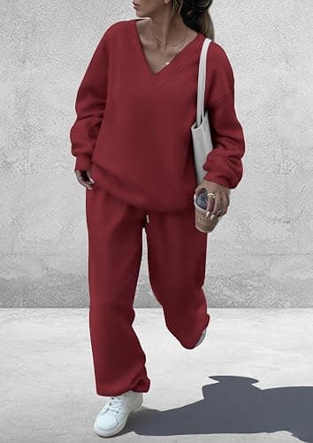 PRETTYGARDEN Casual Winter Two Piece Sets for Women 2025 V Neck Sweatshirt Loose Wide Leg Pants Tracksuit Knit Fall Outfits thumbnail 7