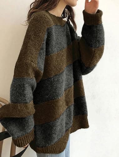 EMMIOL Women's Oversized Striped Sweaters 2026 Spring Trendy Long Sleeve Knit Outfits Crewneck Fashion Pullover Tops thumbnail 3