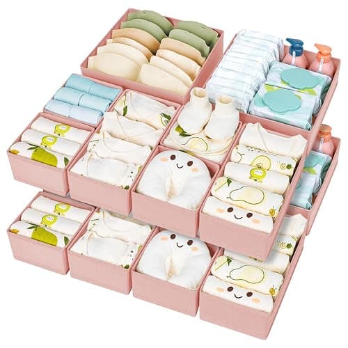 DIMJ Drawer Organizer Clothes 15 Pack - Foldable Dresser Organizer for Nursery, Bedroom, Closet - Pink Dividers for Baby Clothes, Underwear, Clothing, Sock, Belt, Tie - Image 1