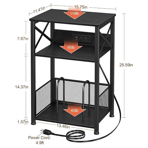 AMHANCIBLE Record Player Stand with Charging Station, Turntable Stand with Storage Cabinet, 3 Tier End Table Hold Up to 100 Albums, Record Stand for Vinyl, Living Room, Black, HETCD01BK-1 thumbnail 3