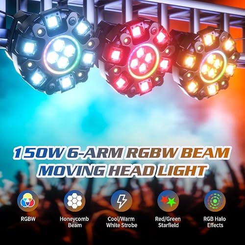 Moving Head DJ Stage Light 6-Arm RGBW with 4 Honeycomb Beams, 90° Swing 540° Rotate, White/Warm Strobe, Red/Green Starry Sky, Colorful Aperture Effects, Auto/DMX512 Control for Party Club Wedding thumbnail 2