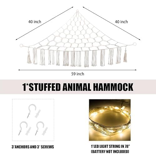 CERETIA Stuffed Animal Hammock with LED Light, Large Stuffed Animals Storage Corner Plushie Net for Kids Room Decor, White thumbnail 3
