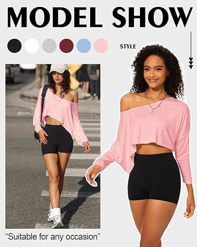 Off The Shoulder Crop Tops for Women Long Sleeve Crop Top Oversized Workout Boat Neck Summer Loose Casual T Shirt thumbnail 5