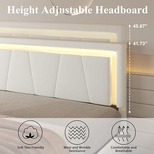 Full Size Bed Frame with 4 Storage Drawers, Upholstered Headboard, White | Modern Bed, Charging Station, LED Light, Adjustable Height Headboard, Noise-Free, No Box Spring Needed, Easy Assembly thumbnail 5