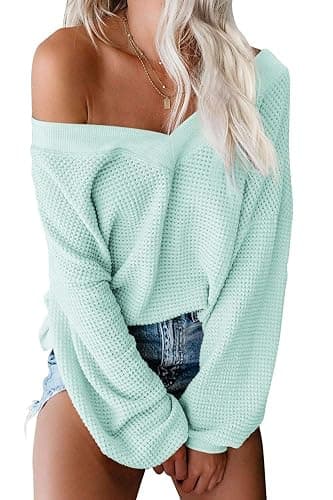ReachMe Womens Oversized Off The Shoulder Tops Long Sleeve Waffle Knit Shirt Drop Shoulder Sweater Top - Image 1