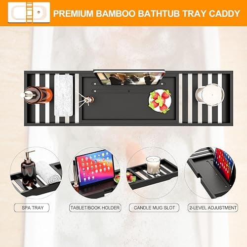 Bathtub Tray Black - Bath Tray Expandable - Bath Table Trays for Bathtub/Tub,Premium Bamboo Wooden, Fits Most Bath Tubs thumbnail 5