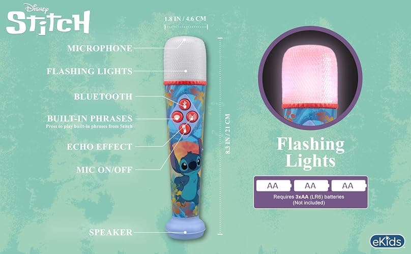 eKids Disney Stitch Karaoke Microphone for Kids, Bluetooth Microphone with Echo Effects and Light Show (Stitch) thumbnail 4
