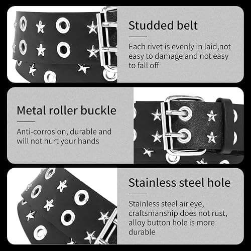 WQYILEAER 3 Pcs Black Studded Belt, Y2K Belt Star Goth EMO Punk Rock Double Grommet with Bright Pyramid Studded for Women Men (Studded Grommet) thumbnail 3
