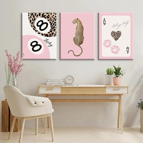 Cheetah Trendy Wall Art Preppy Leopard Canvas Print Cheetah Room Wall Decor 8 Ball Poster Y2k Pink Coquette Luxury Print Lucky Aesthetic Fashion Pictures for Bedroom 16x24x3 Inch Wrapped Canvas thumbnail 4