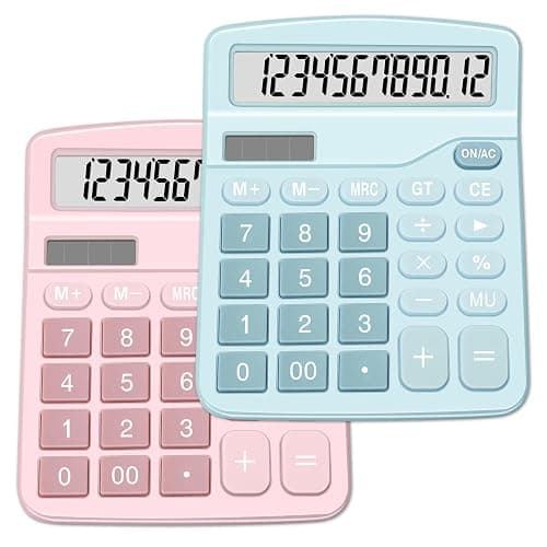 Calculators, Splaks 2 Pack Standard Functional Desktop Calculators Sola and AA Battery Dual Power Electronic Basic Calculator with 12-Digit Large Display for Office, Home, School (1 Blue & 1 Pink) - 1 Blue & 1 Pink - Image 1