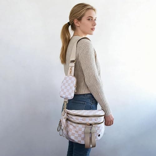 Security Carry Bum Bags Checkered Crossbody Fanny Packs Diaper Bag with RFID Pouch for CCW, EDC& Outdoor (Beige+white) thumbnail 5