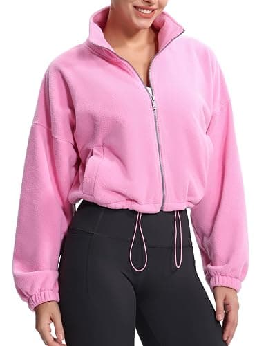 THE GYM PEOPLE Women's Fleece Cropped Jacket Full Zip Stand Collar Workout Short Sherpa Coats with Pockets Drawstring Hem thumbnail 4