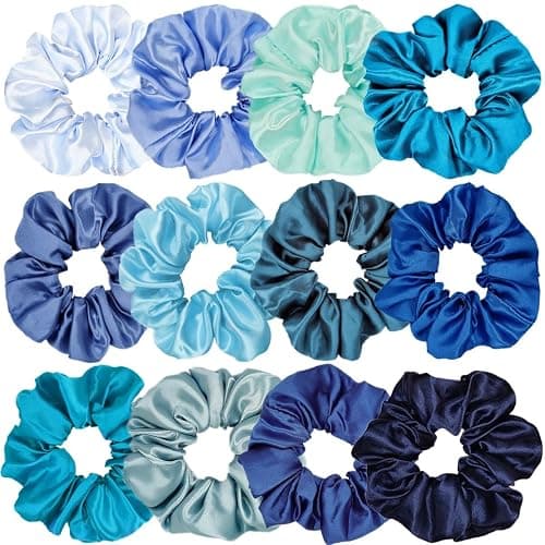 Sufermoe 12 Pcs Satin Silk Hair Scrunchies, Assorted Blue, 4.5 Inch Hair Ties for Women Girls - Image 1