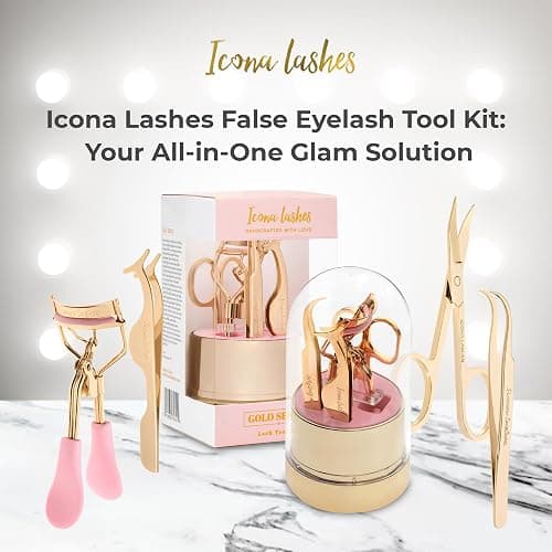 Icona Lashes 4-in-1 False Eyelash Tool Kit - DIY Lash Extension Kit with Tweezer, Curler, Scissors, Applicator - 24K Gold Plated Stainless Steel Accessories in Clear Dome Organizer, Beautiful Gift Box thumbnail 2